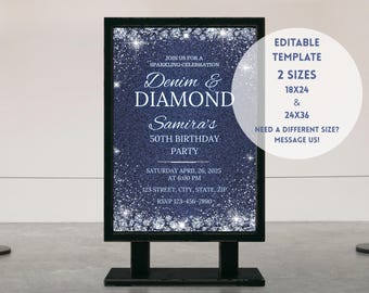 Denim and Diamonds Birthday Invitation Poster, Glam Cowgirl Party Decor Printable Western Sign, Editable Canva Template for Country Theme