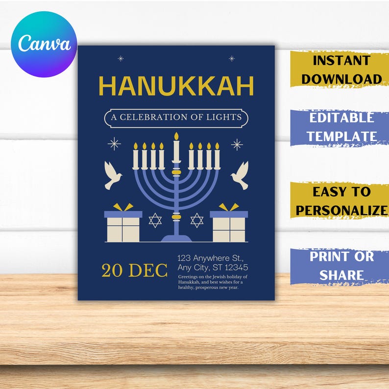 Editable Hanukkah invitation Canva template with blue and gold menorah, labeled ‘Instant Download, Editable Template, Easy to Personalize, Print or Share.