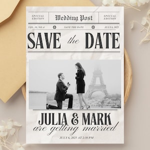 新聞風結婚式招待状テンプレート「Save the Date」｜編集可能なヴィンテージニュースカード｜印刷可能な婚約発表｜DIY「Save the Date」