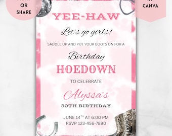 Editable Pink Cowgirl Hoedown Birthday Invitation, Disco Rodeo Birthday Party Invite, Nashville Western Pink Cowgirl Party Template