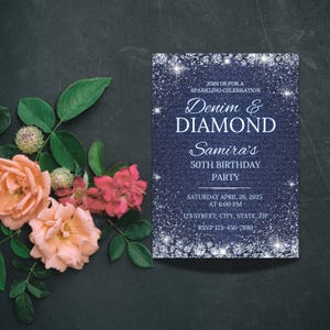 Denim and Diamonds birthday invitation styled with fresh roses and greenery – elegant and sparkly digital invite for women’s milestone party.
