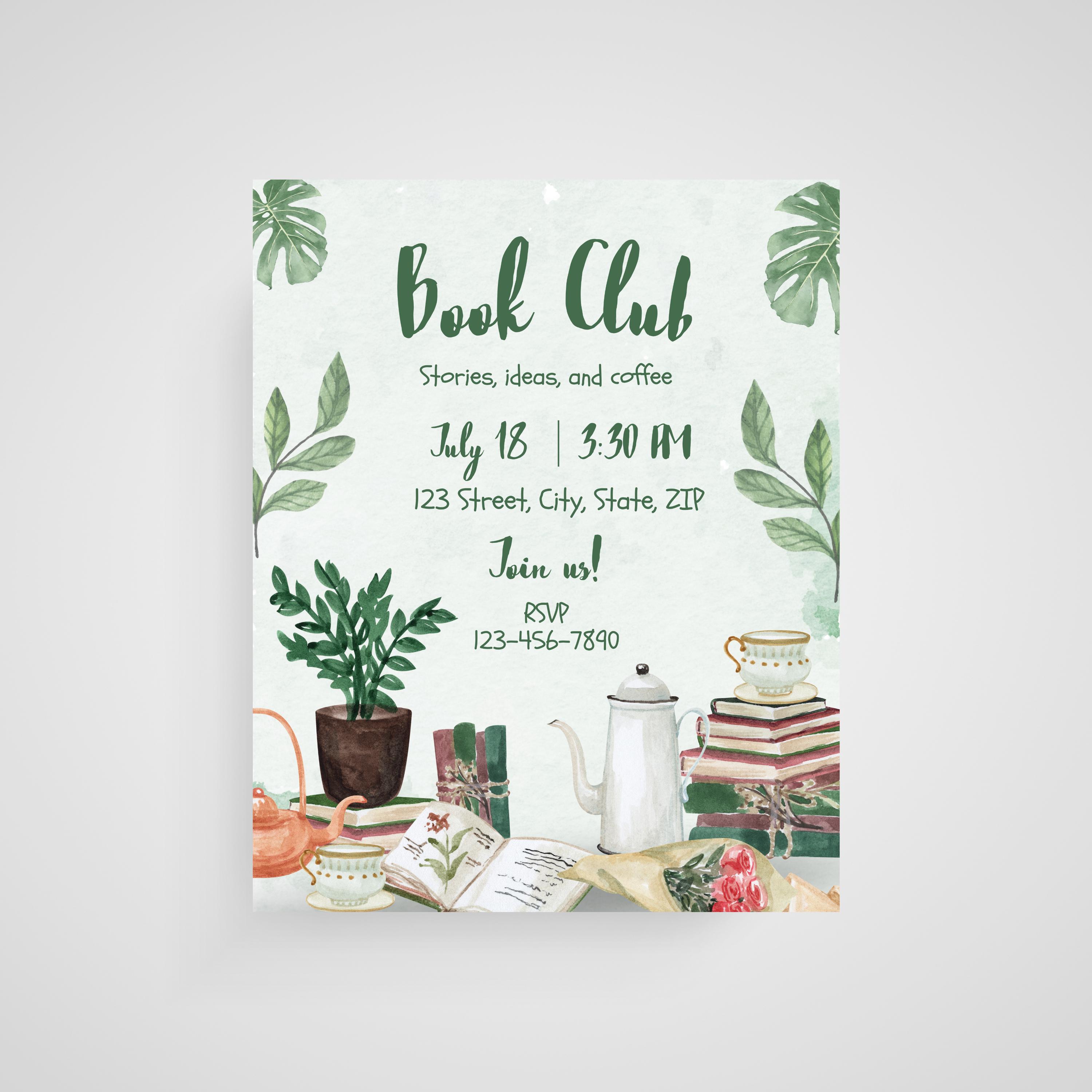 Reading Invitation Card Design Editable Book Club Invitation Template | Watercolor Books & Tea Design ...