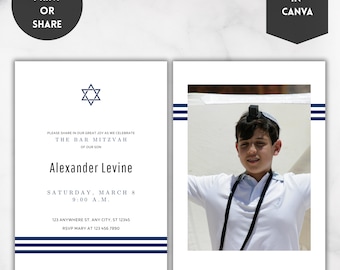 Editable Bar Mitzvah Invitation Template | Blue & White Star of David Design Printable Canva Template Instant Download DIY Bar Mitzvah Card
