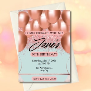 Editable Rose Gold Birthday Invitation Template | Blush Pink Balloon Party Invite for Women or Teens | Printable Digital Canva Download