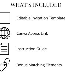 May include: White graphic with the text "WHAT'S INCLUDED" and illustrations of a square, a globe with a link, a document, and a tag. The text below the illustrations reads: "Editable Invitation Template", "Canva Access Link", "Instruction Guide", and "Bonus Matching Elements."
