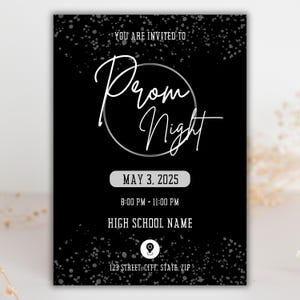 Plantilla editable de invitación para la fiesta de graduación / Invitación de despedida en Canva negro y plateado / Descarga digital para la celebración del baile de graduación de la escuela secundaria