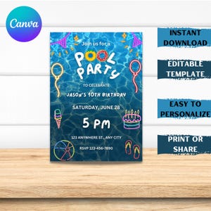 Pool Party Birthday Invitation Template Editable Neon Summer Birthday ...