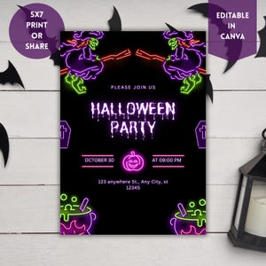 Bearbeitbare Neon Halloween Party Einladung Vorlage | Glow Hexenkessel Design | Canva Sofortiger Download | Druckbare 5 x 7 digitale einladen