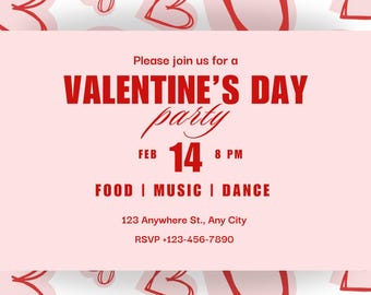Editable Valentine's Day Invitation Template, Printable Romantic Invite, Valentine's Dinner Party Design with Hearts, Red and White Theme