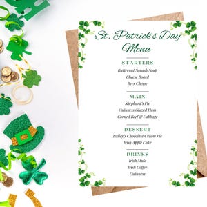 May include: A St. Patrick's Day menu with a green shamrock border. The menu lists starters, main courses, desserts, and drinks. The menu includes items like butternut squash soup, shepherd's pie, Bailey's chocolate cream pie, and Irish coffee.