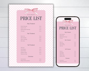 Editable Price List Template for Small Business Owners | Modern Minimalist Salon Pricing Sheet | Instant Download Canva Template