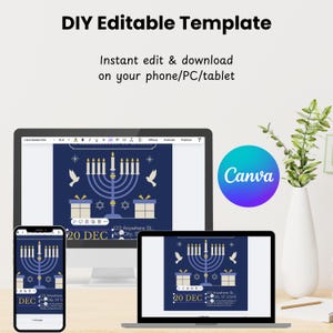 “Editable Hanukkah invitation template shown on phone, tablet, and computer screens in Canva with blue and gold menorah design and text overlay ‘DIY Editable Template – Instant edit & download.’”