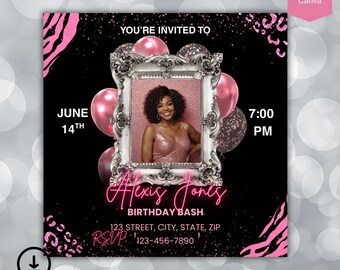 Pode incluir: Um convite de aniversário preto e rosa com o texto "You're Invited To Alexis Jones Birthday Bash". O convite inclui uma foto, balões e detalhes decorativos. A data é 14 de junho às 19h00. O convite é editável no Canva.
