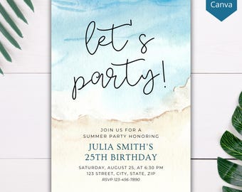 Può includere: Invito a una festa estiva con una scena di spiaggia ad acquerello. L'invito dice "let's party!" in corsivo. I dettagli includono il nome dell'onorato, il compleanno, la data, l'ora e le informazioni RSVP. Le parole "Edit in Canva" sono in alto a destra.