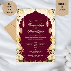 Könnte beinhalten: Eine Hochzeitseinladung mit einem bordeauxfarbenen Bogendesign, mit den Namen Ananya Singh & Vivaan Gupta. Die Einladung enthält Datum, Uhrzeit und Ort, mit floralen Akzenten und hängenden Laternen. Der Text "5x7 Print or Share" ist sichtbar.