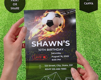 May include: A birthday invitation with a soccer theme. The design features a soccer ball engulfed in flames, with the text "SHAWN'S 10TH BIRTHDAY". Additional text includes the date, time, and RSVP information. The invitation is 5x7 inches.