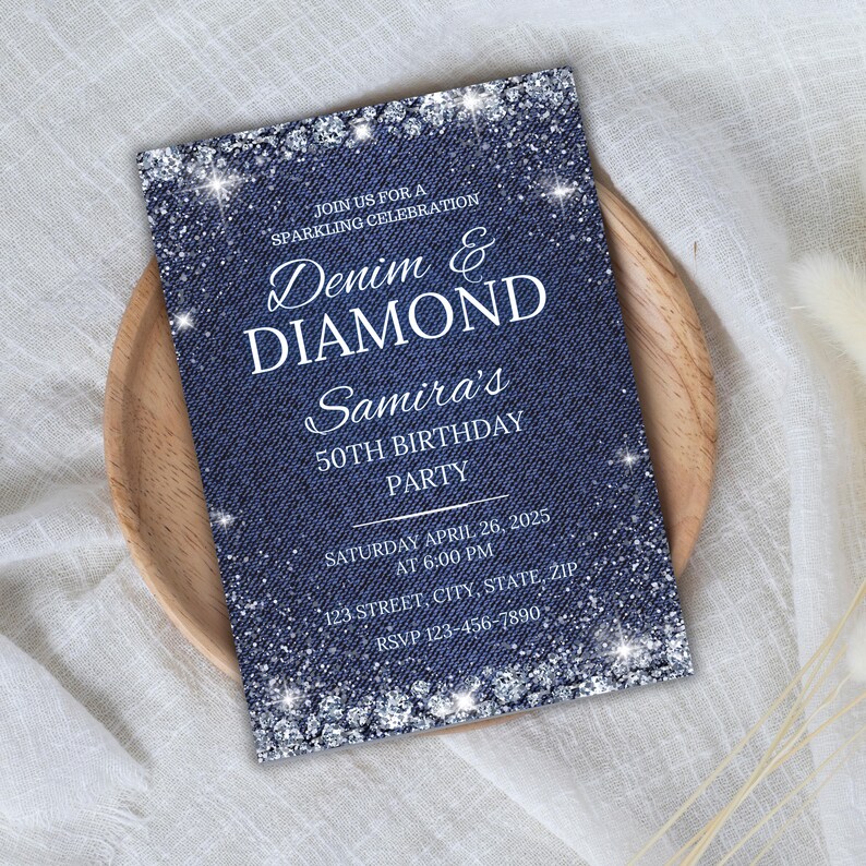 Editable Denim and Diamonds birthday party invitation on a natural wood tray and soft linen fabric – chic digital invite for glam 50th celebration.