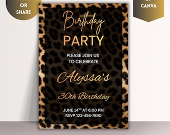 Modello di invito di compleanno con stampa leopardata modificabile / Invito digitale per festa di compleanno / Tema safari selvaggio / Biglietto di auguri di compleanno stampabile per qualsiasi età