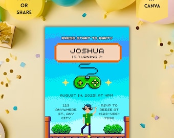 Retro Pixel Birthday Invitation for Kids – Editable Video Game Party Template – 8-Bit Gaming Theme Instant Download – Canva Printable Invite