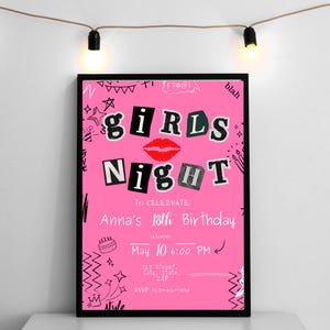 May include: Pink invitation with black text that reads "Girls Night" in magazine cut-out letters. The text "To Celebrate Anna's 18th Birthday" is below the title. The invitation includes a red lipstick graphic and doodle-style drawings.
