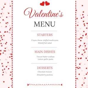 Bearbeitbare Valentinstagsmenüvorlage, druckbare romantische Menükarte, Valentinstags-Dinner-Party-Menü-Design mit Herzen, rotem und weißem Thema