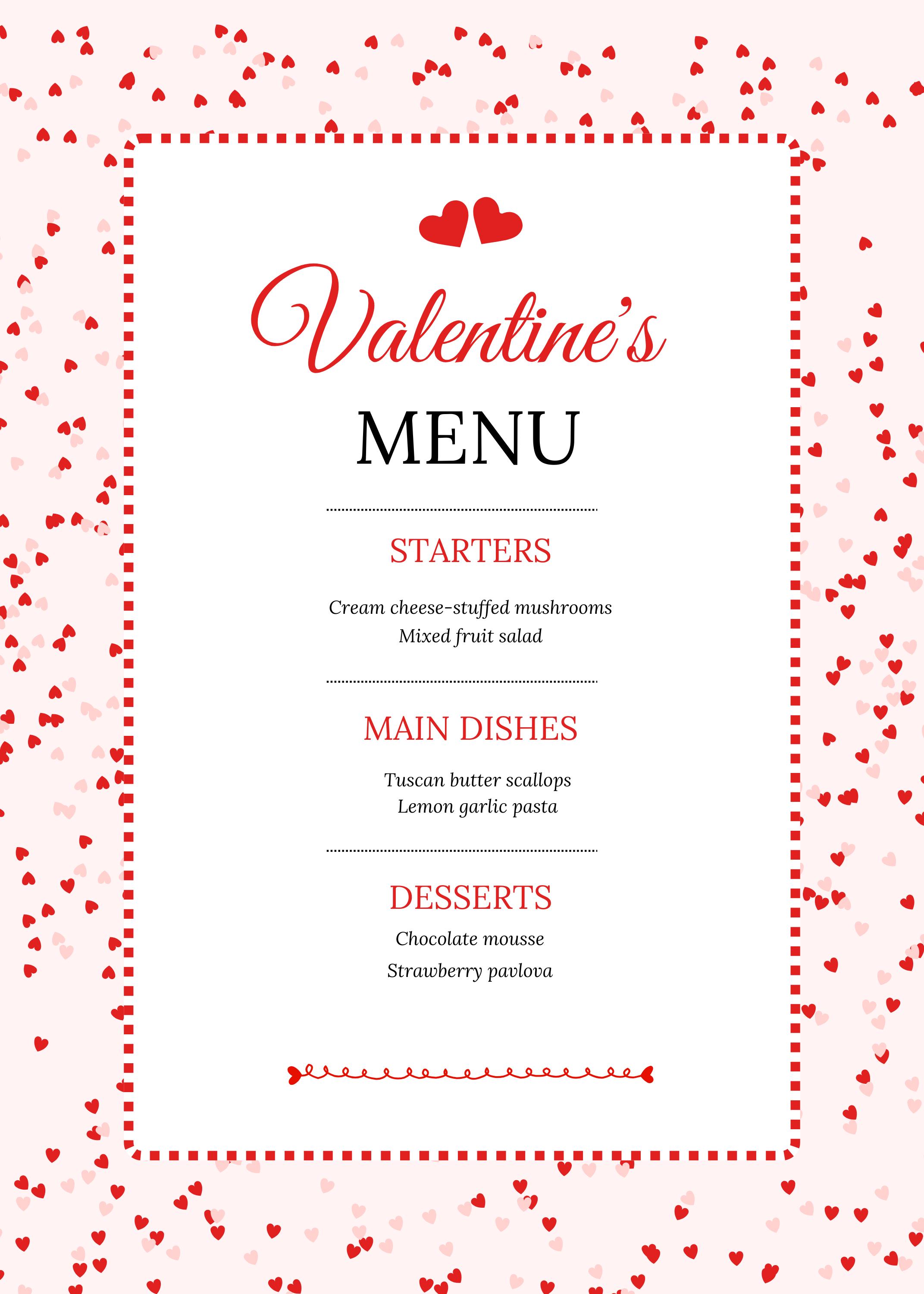 Editable Valentine's Day Menu Template, Printable Romantic Menu Card ...