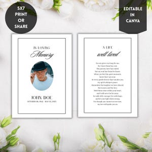 May include: A set of memorial cards with a black and white design. The left card features a photo, the text "In Loving Memory", and the name "John Doe" with dates. The right card contains a poem titled "A Life well lived".