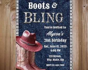 Denim Boots and Bling Birthday Invite | Cowgirl Party Invite Template | Western Theme Birthday |  Printable Invitations | Digital Download