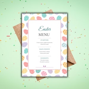 May include: A printable Easter menu template with a white background and a border of colorful Easter eggs. The menu includes sections for starters, main dishes, and desserts. The text reads "Easter Menu".