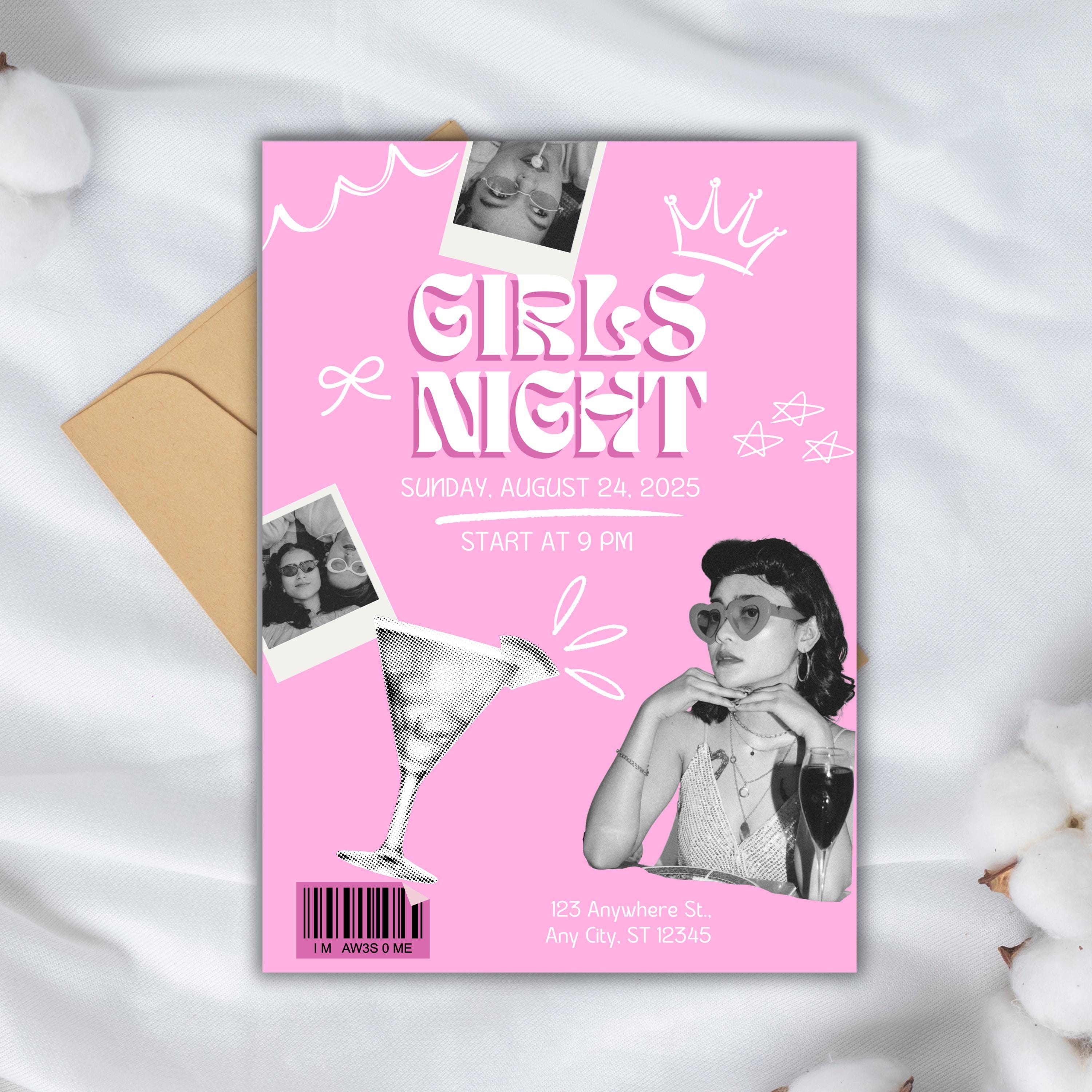 Editable Girls Night Out Invitation Template | Retro Pink Collage Style ...