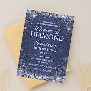 Printable Denim and Diamonds birthday invitation in envelope – editable Canva template with glitter accents and denim background for women turning 50