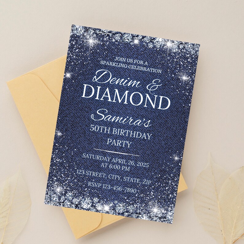 Printable Denim and Diamonds birthday invitation in envelope – editable Canva template with glitter accents and denim background for women turning 50