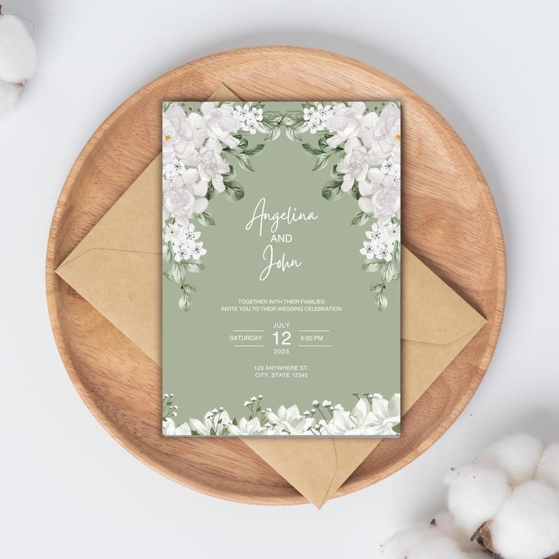 Sage Green Wedding Invitation Template With White Floral Design ...