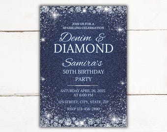 Denim en diamanten 50e verjaardagsuitnodiging | Blauwe glitterfeestuitnodiging | Digitale download van bewerkbare canva-sjabloon