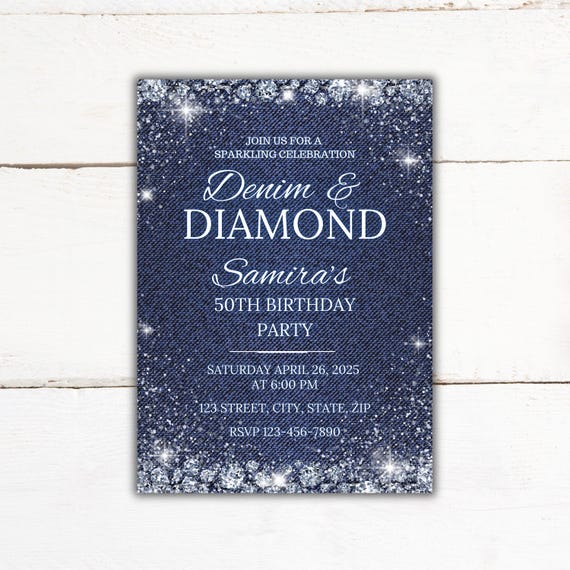Denim and Diamonds 50th Birthday Invitation | Blue Glitter Party Invite | Editable Canva Template Digital Download