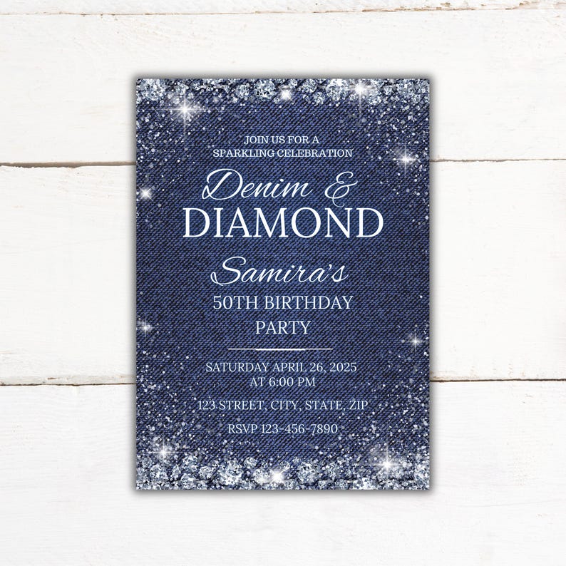 Sparkling Denim and Diamonds 50th birthday invitation on white rustic wood background – printable digital download with faux glitter and denim texture.