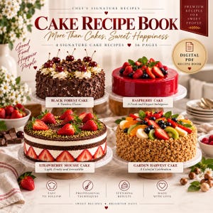 May include: A digital PDF cake recipe book titled Cake Recipe Book, More Than Cakes, Sweet Happiness, featuring four cakes: a Black Forest cake, a raspberry cake, a strawberry mousse cake, and a garden harvest cake with fruit toppings.