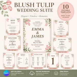 Puede incluir: Un conjunto de 10 plantillas de papelería de boda editables con un diseño floral de tulipanes en tono rubor. La colección incluye una invitación, tarjeta RSVP, menú, tarjeta de agradecimiento, save the date, tarjeta de detalles y plano de mesa.