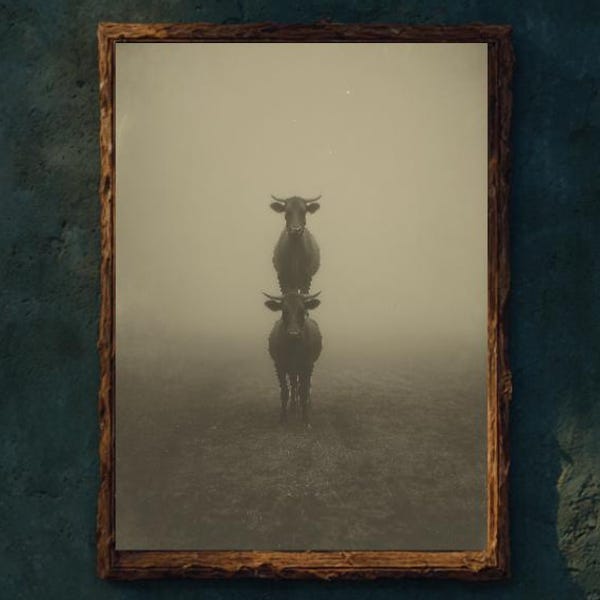 Déco murale vintage de taureau de bizarreries victoriennes, affiche d'art mural animal, milieu universitaire sombre, photographie vintage, art animalier, décoration d'intérieur noir et blanc