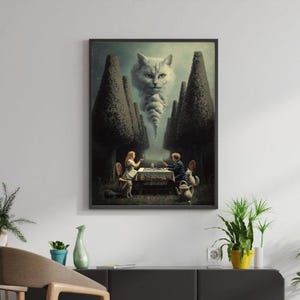 Framed Alice in Wonderland Tea Party Painting Surreal Cottagecore | Original Dark Fairytale Wall Decor Poster, Weird Cat Art | Odd Aesthetic