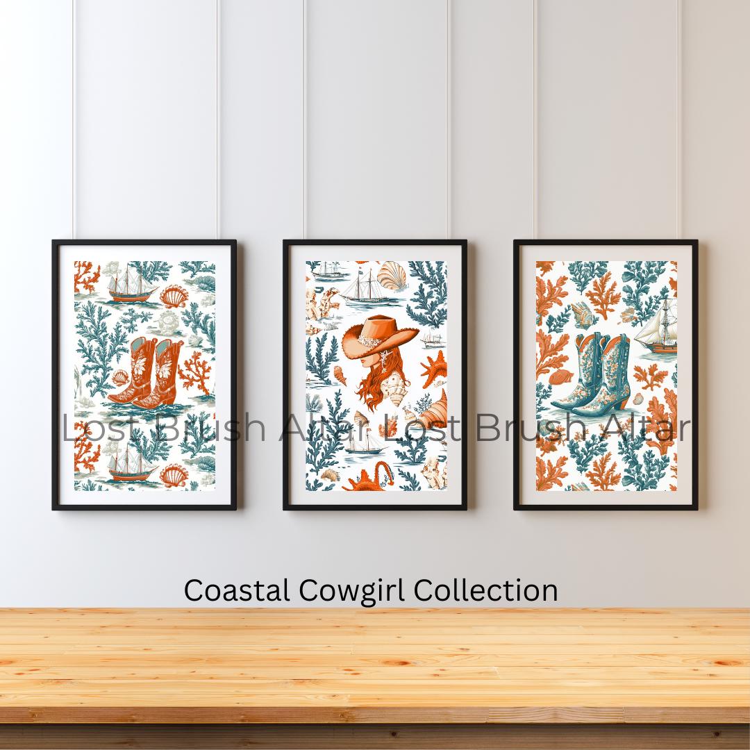 Texas Coastal Cowgirl Wall Art Set, 3 Original Prints Beachy Nautical ...