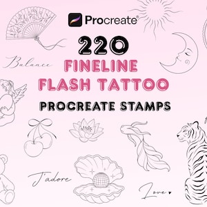 May include: A digital collection of 220 fineline flash tattoo Procreate stamps featuring black line art illustrations on a light pink background. Designs include ballet slippers, a fan, an angel, a teddy bear, a moon, a tiger, and text.