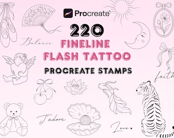 220 tampons Flash Tattoo Procreate | Lot de pinceaux de tatouage pour traits fins | Petits dessins de tatouage | Dessin au trait minimaliste | Jeu de tampons de tatouage