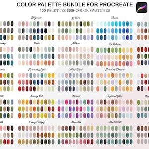 May include: A digital art colour palette bundle for Procreate, featuring 100 palettes with 3000 colour swatches. Each palette is displayed with a grid of colour samples, showcasing a variety of colour schemes, including City, Ocean, and Summer Evening.