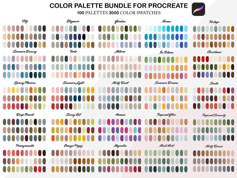 May include: A digital art colour palette bundle for Procreate, featuring 100 palettes with 3000 colour swatches. Each palette is displayed with a grid of colour samples, showcasing a variety of colour schemes, including City, Ocean, and Summer Evening.