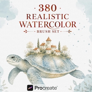 Peut inclure: Un ensemble de pinceaux numériques intitulé 380 REALISTIC WATERCOLOR BRUSH SET présentant une illustration à l'aquarelle d'une tortue marine avec un petit village sur sa carapace, entouré de feuillages bleu clair et du logo Procreate en bas.