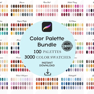 May include: A digital art bundle with 100 colour palettes, each with 3000 colour swatches. The palettes display various colour combinations in rows. The image includes text that reads "Color Palette Bundle" and "Instant Download."