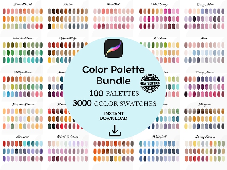 May include: A digital art bundle with 100 colour palettes, each with 3000 colour swatches. The palettes display various colour combinations in rows. The image includes text that reads "Color Palette Bundle" and "Instant Download."