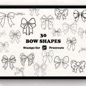 May include: A digital illustration on a tablet screen featuring 30 bow shapes in various styles. The bows are black line drawings, with the text "30 BOW SHAPES Stamps for Procreate" displayed below the bows.