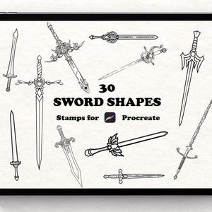 May include: A digital illustration on a tablet screen showing 30 sword shapes in black and white. Text reads "30 SWORD SHAPES" with "Stamps for Procreate" below. The swords vary in design, from simple to ornate.